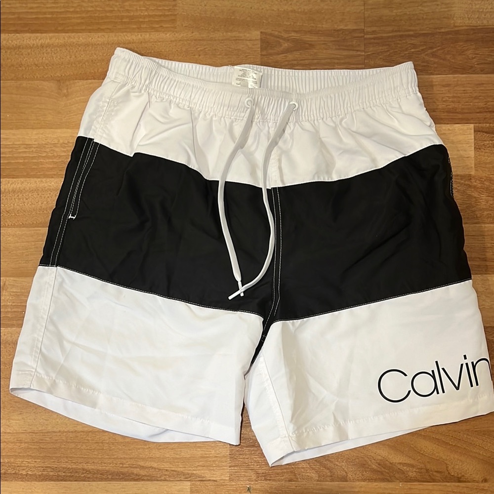 Calvin Klein Black and White Board Shorts with Drawstring Waist
